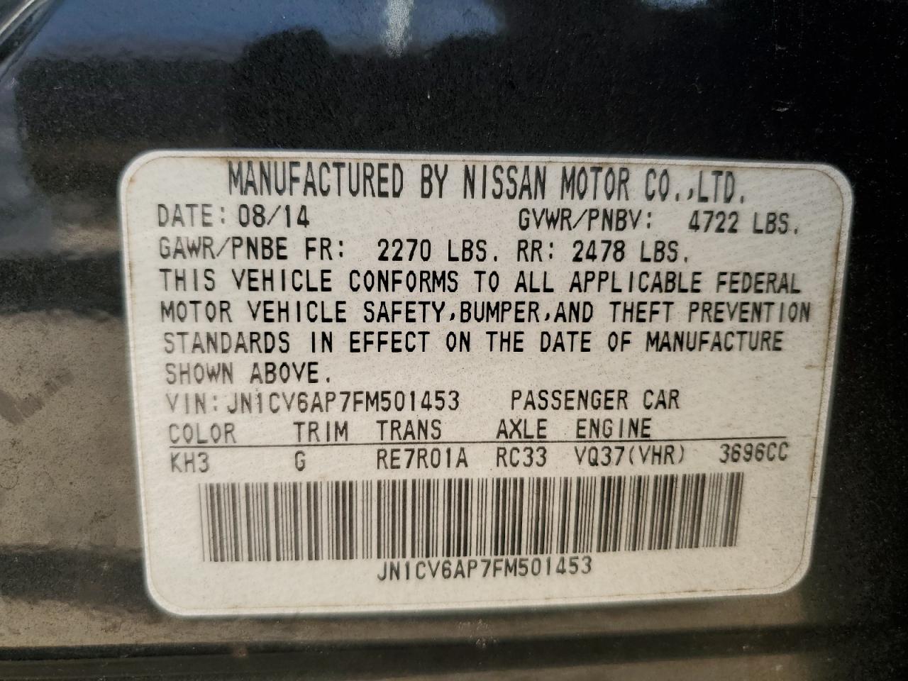 2015 Infiniti Q40 VIN: JN1CV6AP7FM501453 Lot: 63755955