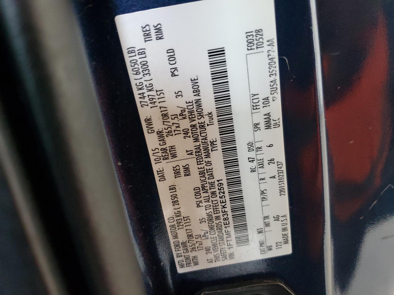 2015 Ford F150 VIN: 1FTMF1E83FKE52591 Lot: 64656505