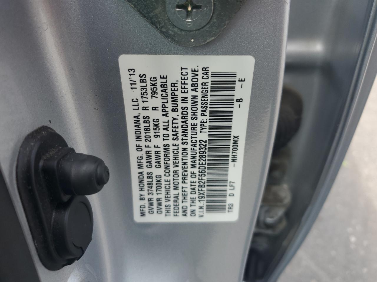 2013 Honda Civic Lx VIN: 19XFB2F56DE289322 Lot: 65266355