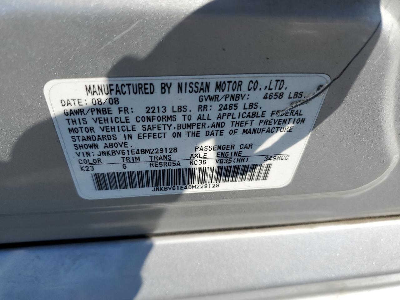 2008 Infiniti G35 VIN: JNKBV61E48M229128 Lot: 65456215