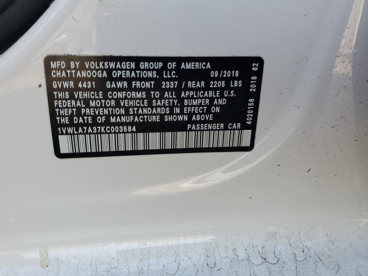 2019 Volkswagen Passat Wolfsburg VIN: 1VWLA7A37KC003584 Lot: 65752945