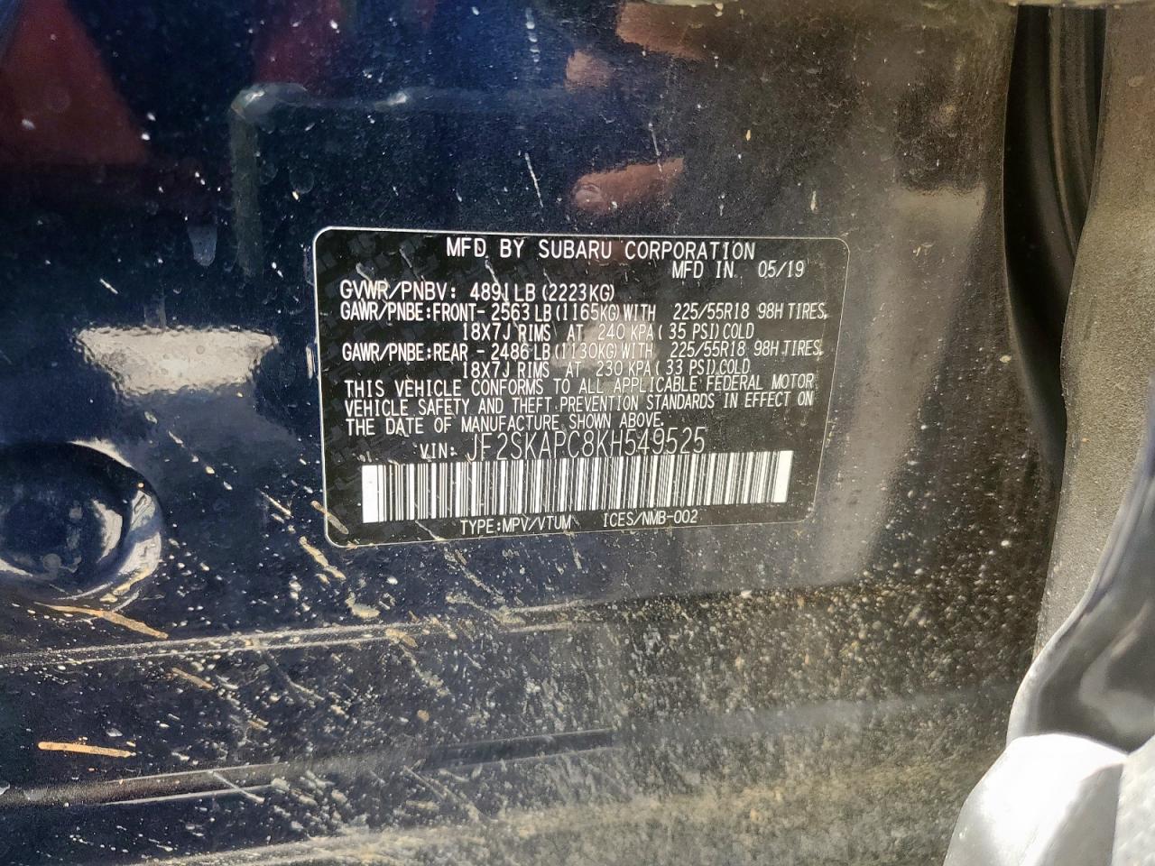 2019 Subaru Forester Sport VIN: JF2SKAPC8KH549525 Lot: 63659845