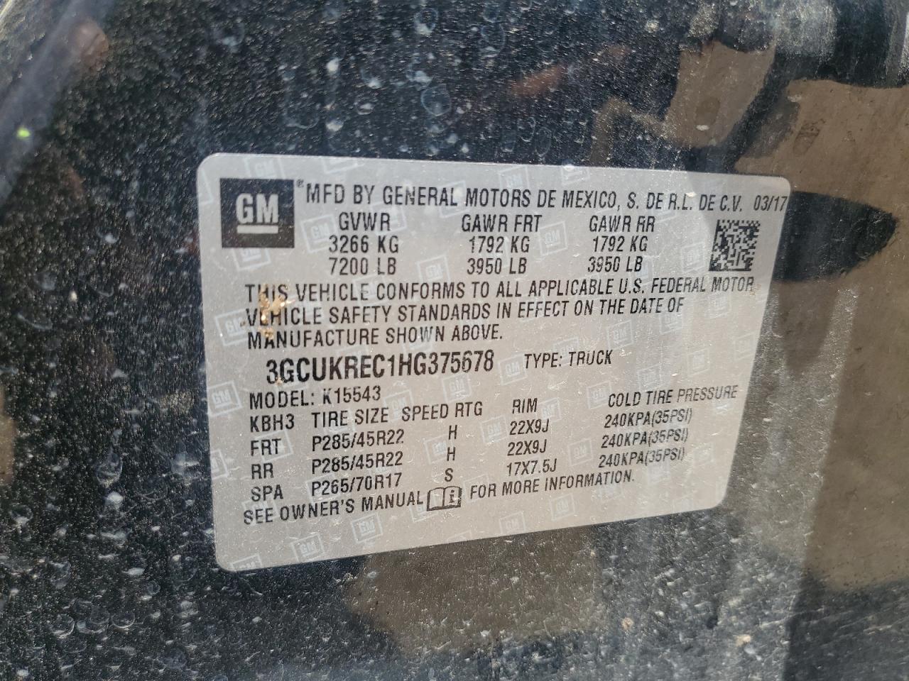 2017 Chevrolet Silverado K1500 Lt VIN: 3GCUKREC1HG375678 Lot: 65657605