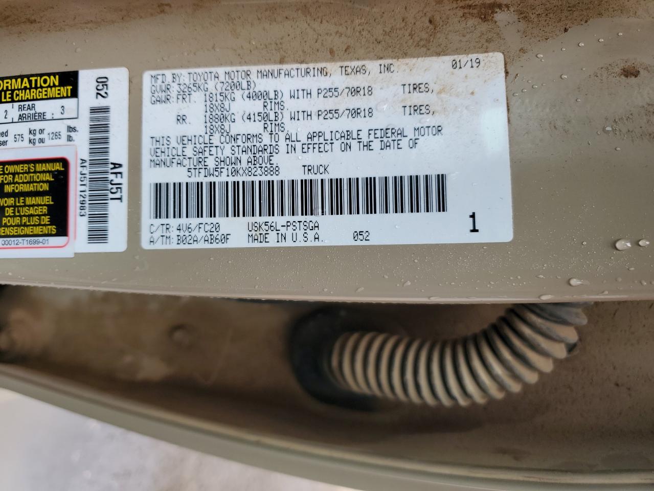 2019 Toyota Tundra Crewmax Sr5 VIN: 5TFDW5F10KX823888 Lot: 60906795
