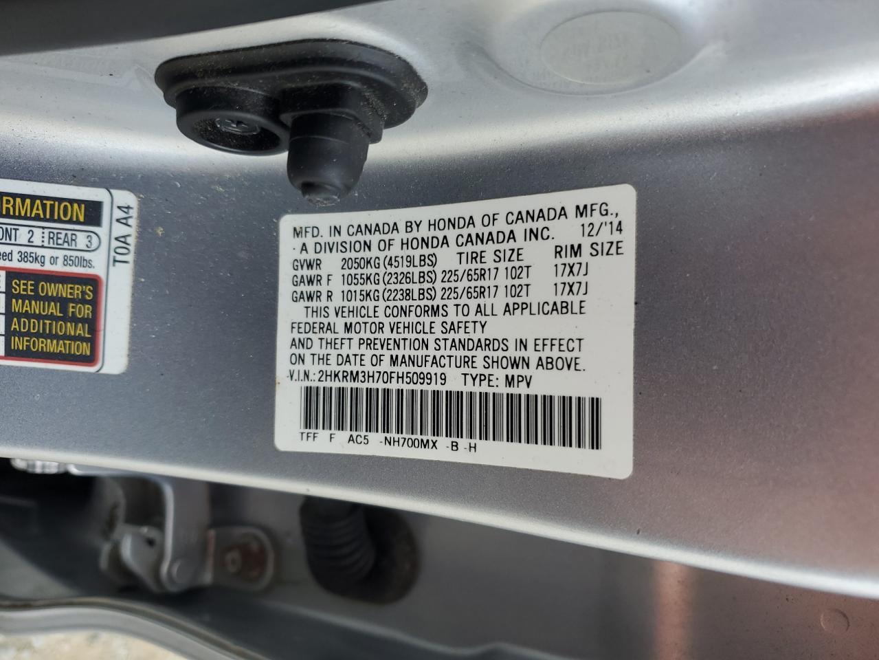 2015 Honda Cr-V Exl VIN: 2HKRM3H70FH509919 Lot: 64784275