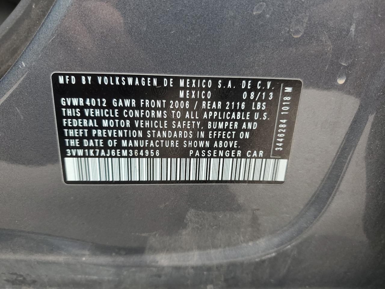 2014 Volkswagen Jetta Base VIN: 3VW1K7AJ6EM364956 Lot: 65395875