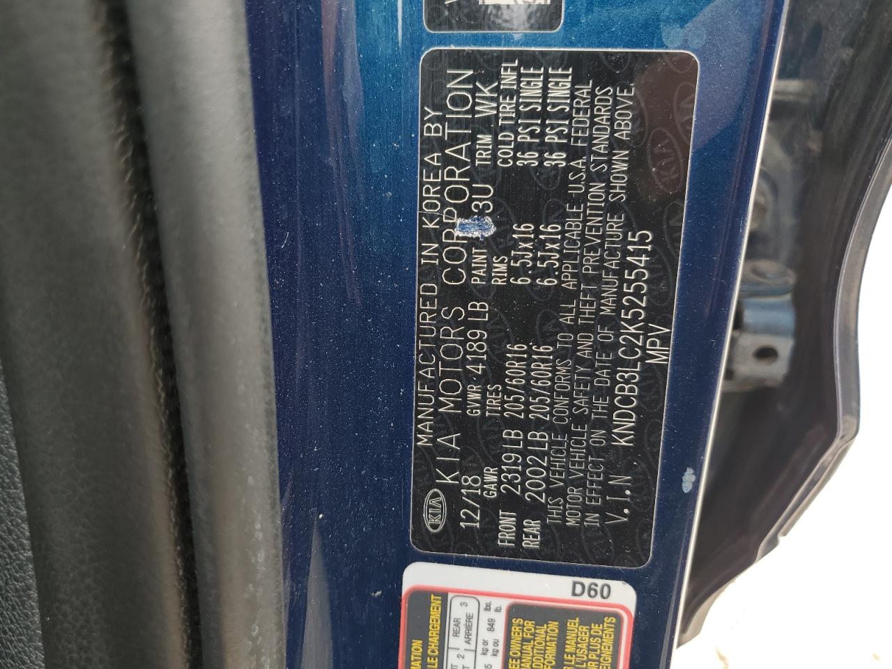 kndcb3lc2k5255415 KNDCB3LC2K5255415 2019 Kia Niro Fe