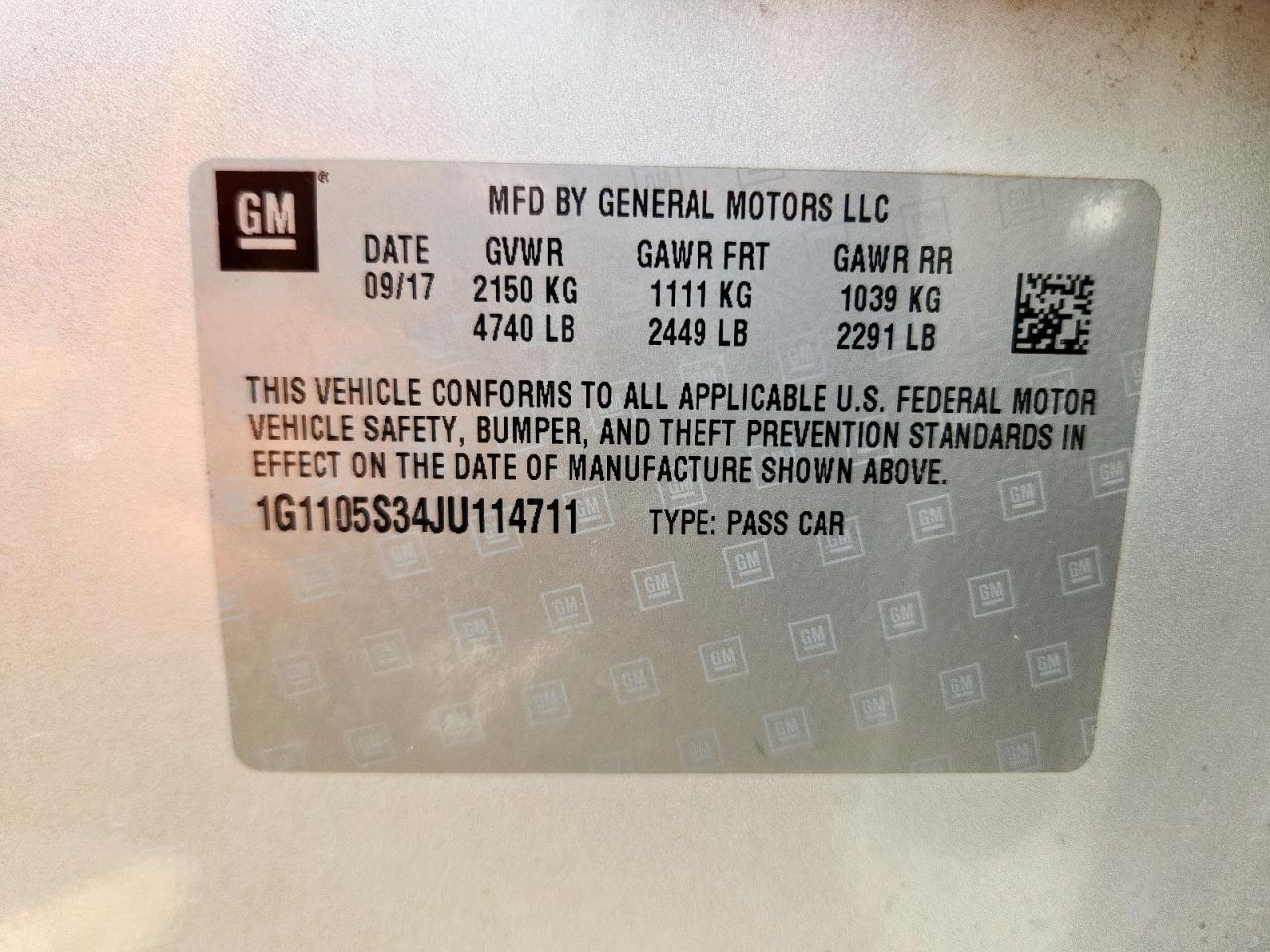 2018 Chevrolet Impala Lt VIN: 1G1105S34JU114711 Lot: 64277215