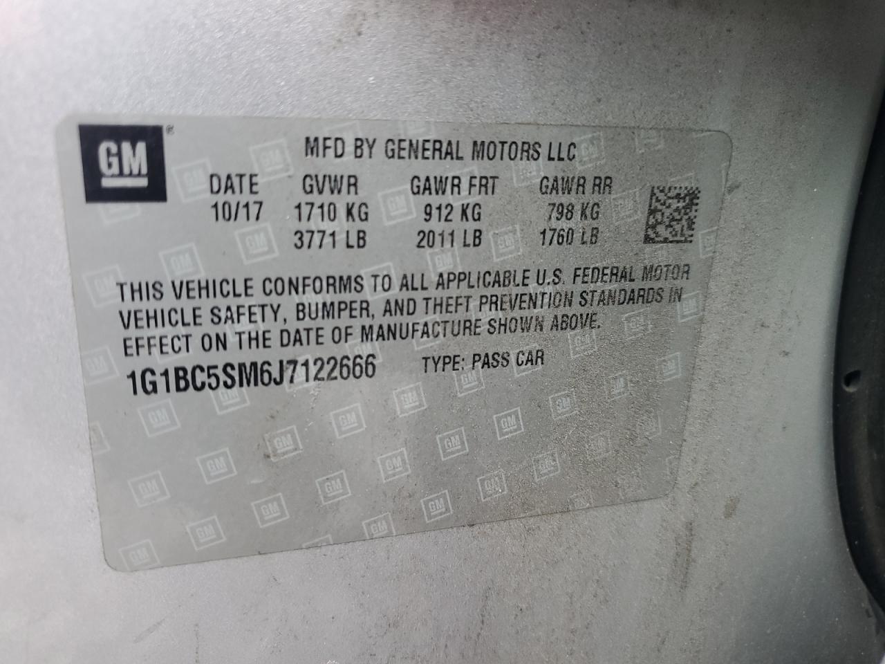 2018 Chevrolet Cruze Ls VIN: 1G1BC5SM6J7122666 Lot: 62844665