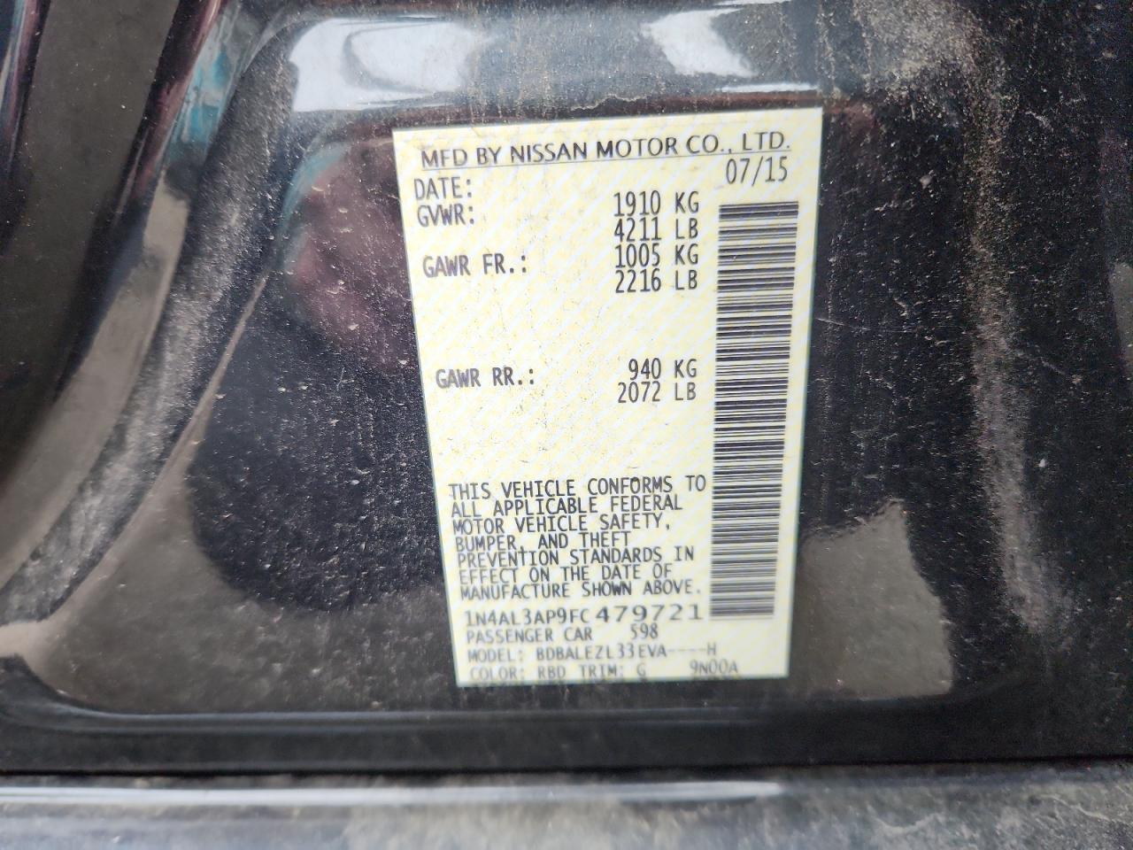 2015 Nissan Altima 2.5 VIN: 1N4AL3AP9FC479721 Lot: 64293195