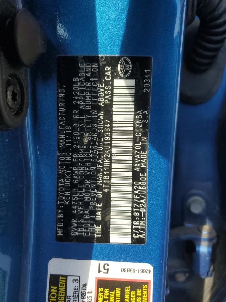 2019 Toyota Camry L VIN: 4T1B11HK2KU193647 Lot: 60679525