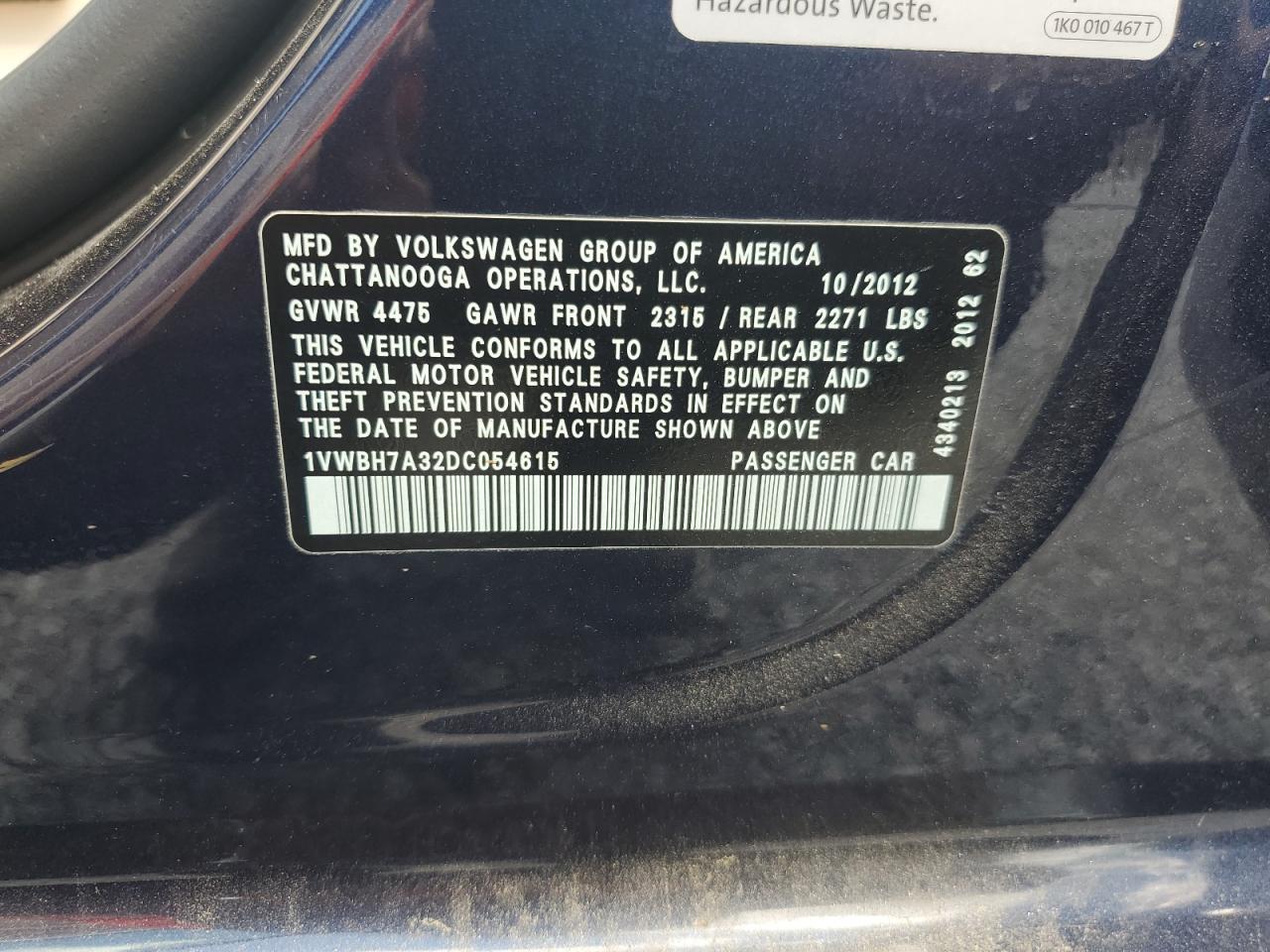 2013 Volkswagen Passat Se VIN: 1VWBH7A32DC054615 Lot: 64087875