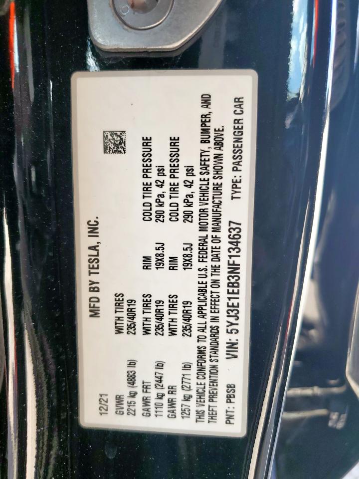 2022 Tesla Model 3 VIN: 5YJ3E1EB3NF134637 Lot: 65739065