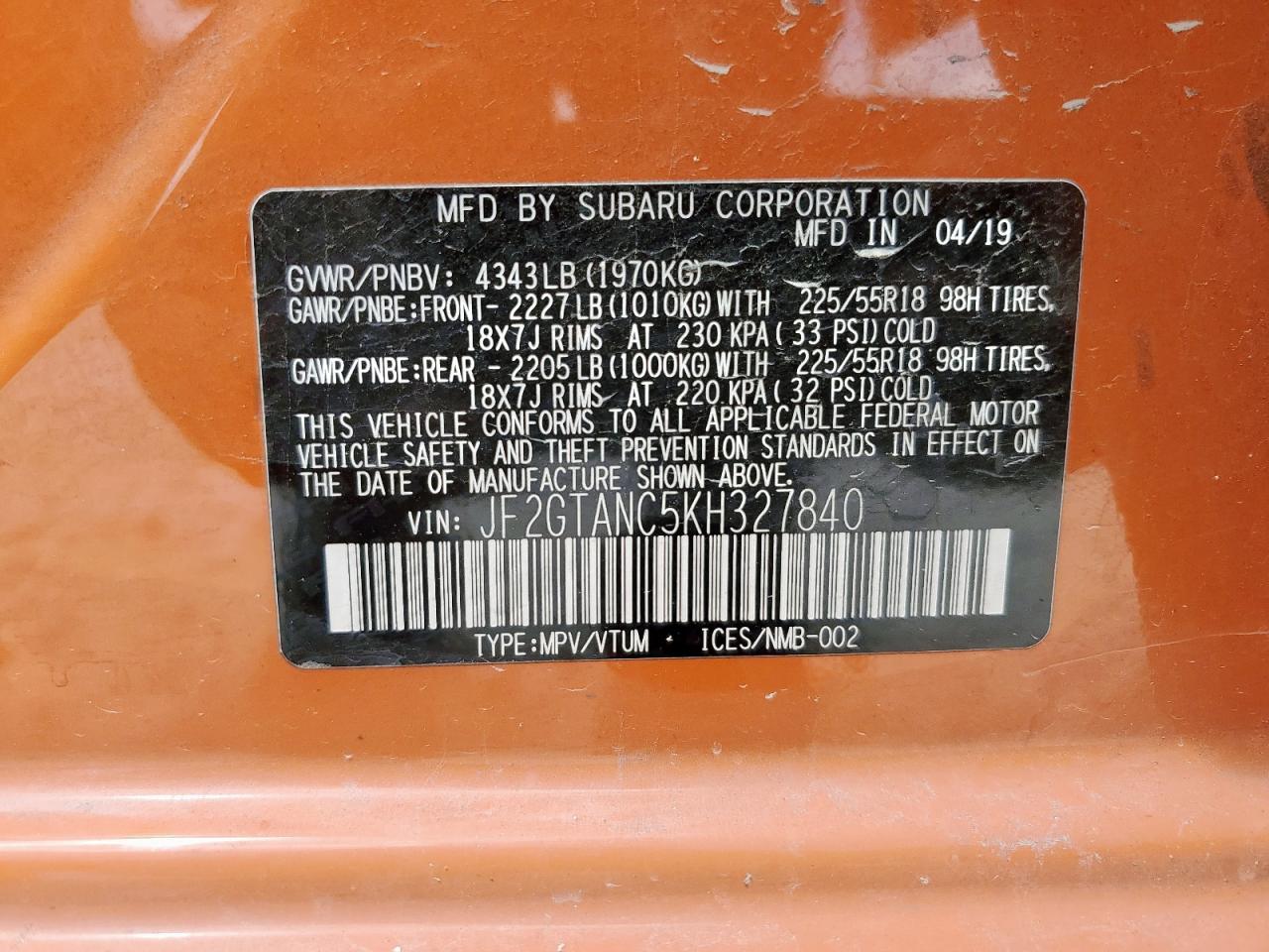 2019 Subaru Crosstrek Limited VIN: JF2GTANC5KH327840 Lot: 64294335
