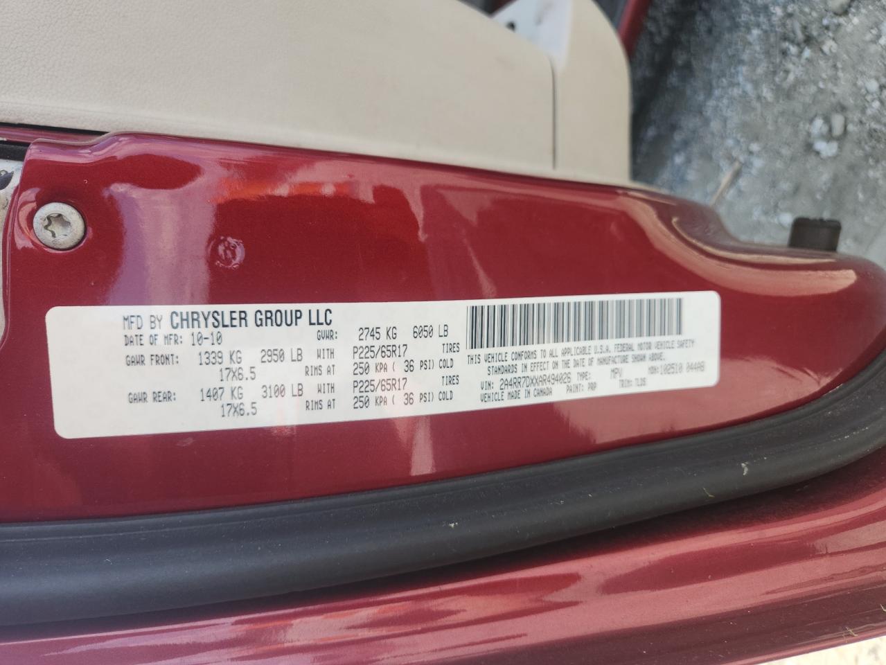 2010 Chrysler Town & Country Limited VIN: 2A4RR7DXXAR494026 Lot: 63733505