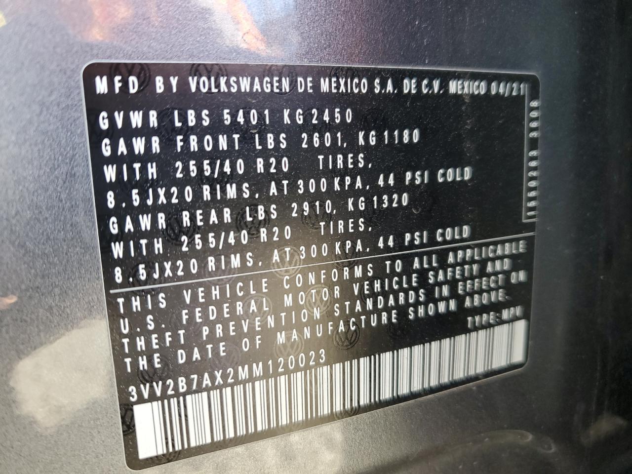 2021 Volkswagen Tiguan Se VIN: 3VV2B7AX2MM120023 Lot: 66047925