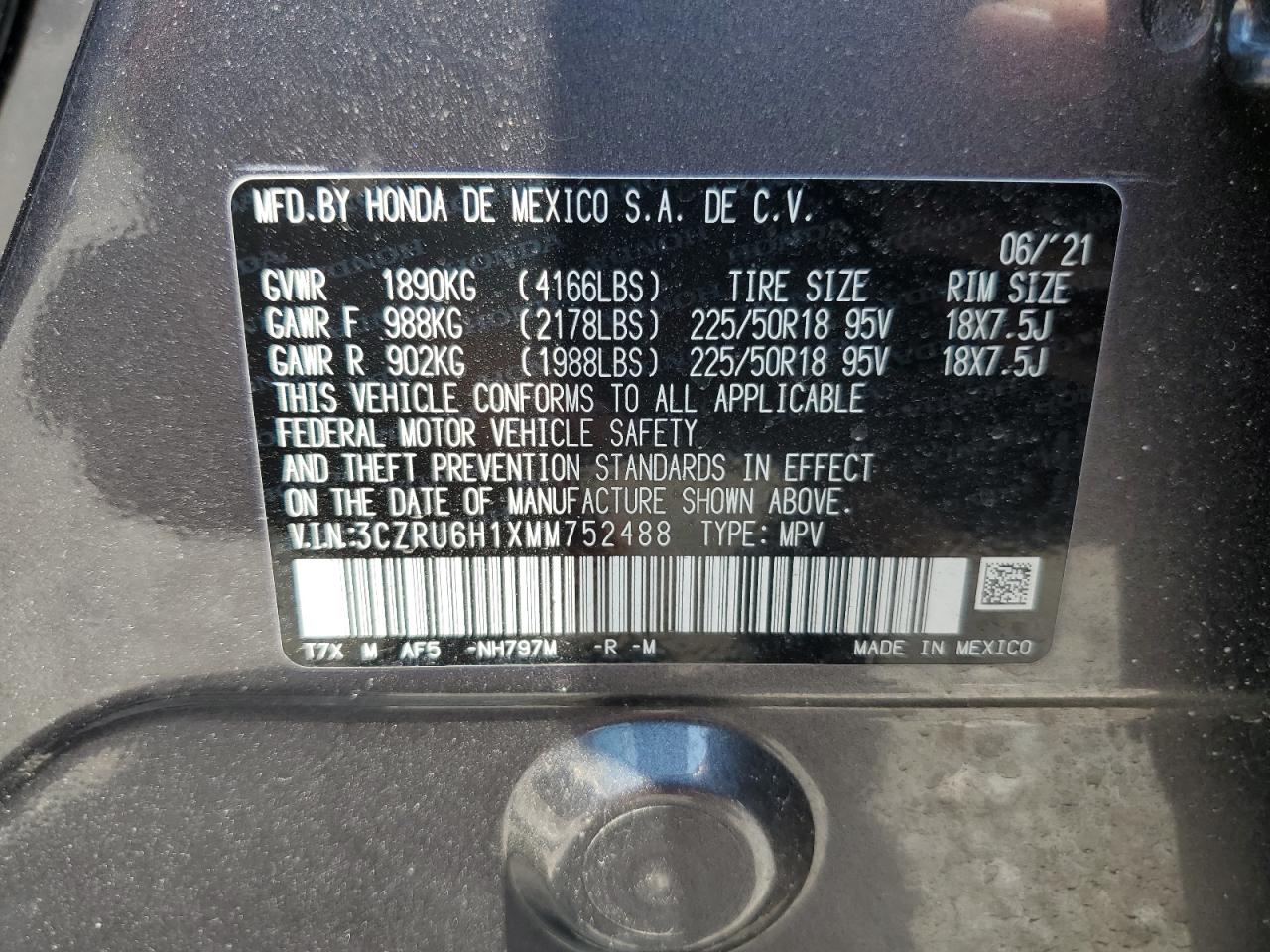 3CZRU6H1XMM752488 2021 Honda Hr-V Sport