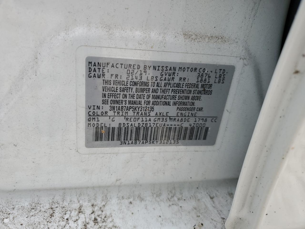 2019 Nissan Sentra S VIN: 3N1AB7AP5KY312135 Lot: 65615845
