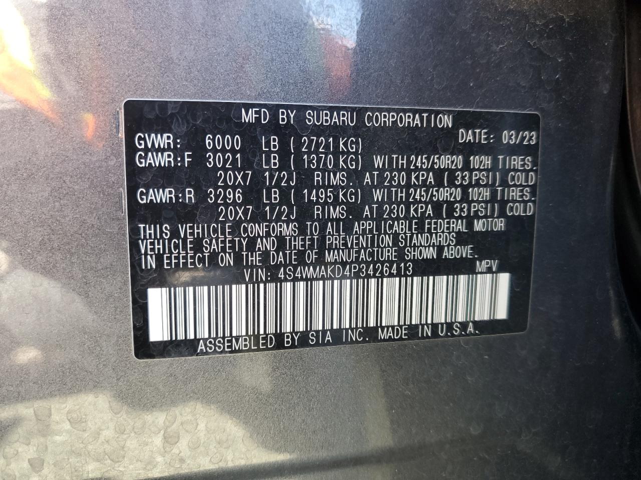 2023 Subaru Ascent Limited VIN: 4S4WMAKD4P3426413 Lot: 66411195