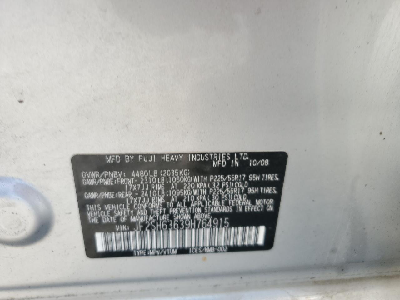 2009 Subaru Forester 2.5X Premium VIN: JF2SH63639H764915 Lot: 63254215