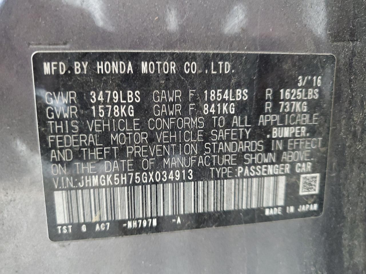 2016 Honda Fit Ex VIN: JHMGK5H75GX034913 Lot: 63948425