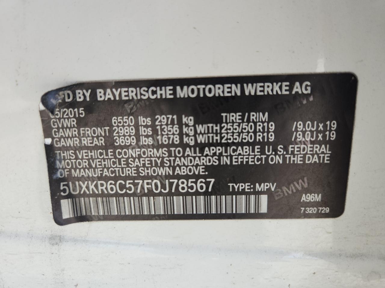 2015 BMW X5 xDrive50I VIN: 5UXKR6C57F0J78567 Lot: 63634215