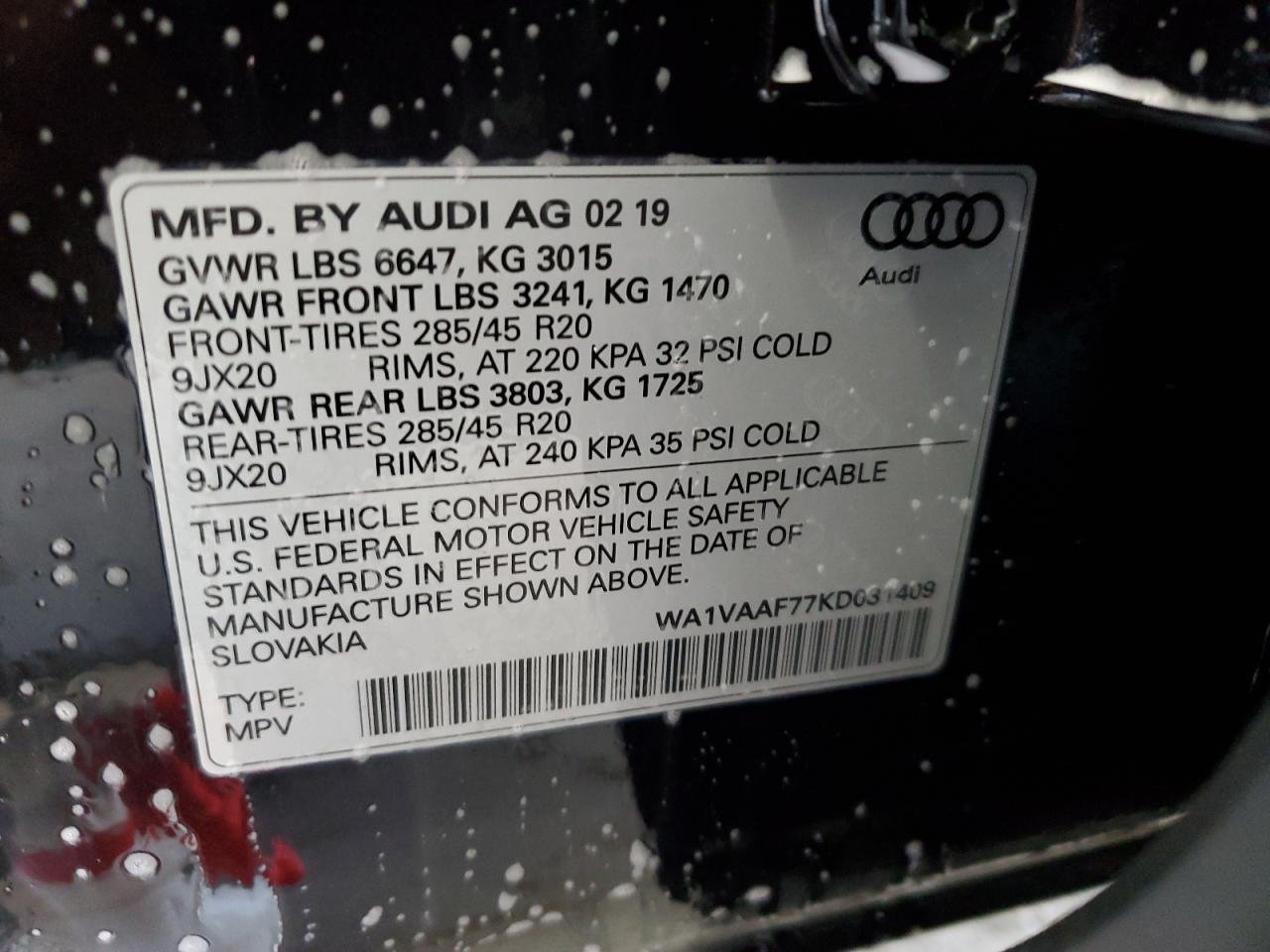 2019 Audi Q7 Prestige VIN: WA1VAAF77KD031409 Lot: 63607355