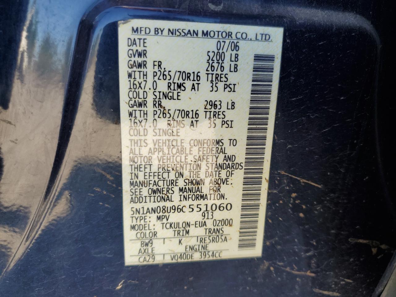 2006 Nissan Xterra Off Road VIN: 5N1AN08U96C551060 Lot: 63285155