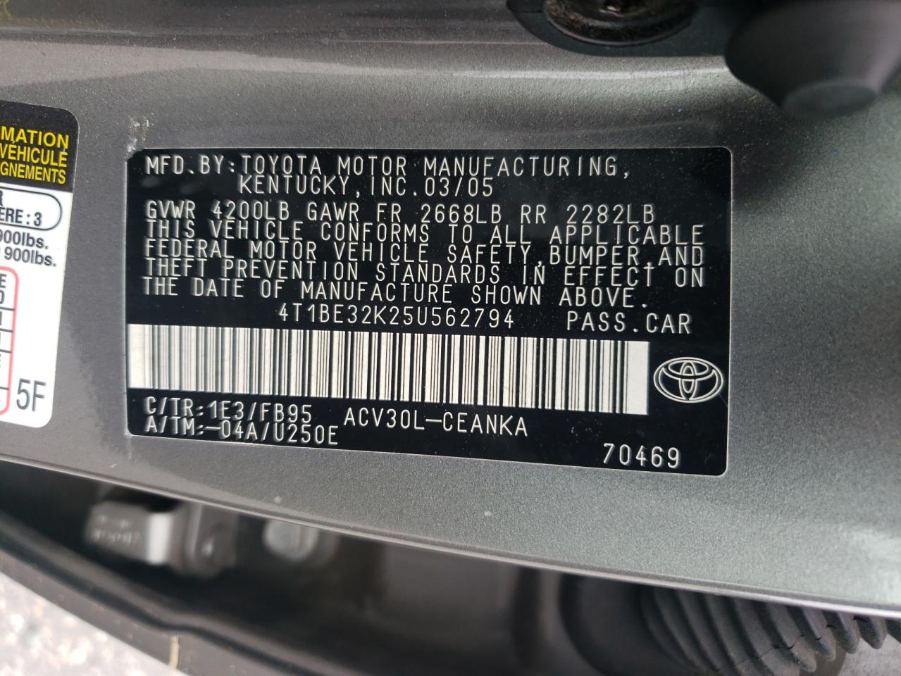 2005 Toyota Camry Le VIN: 4T1BE32K25U562794 Lot: 64539025