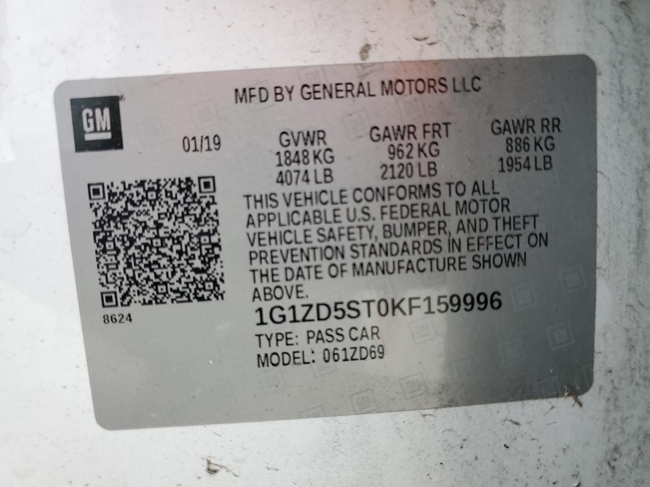 2019 Chevrolet Malibu Lt VIN: 1G1ZD5ST0KF159996 Lot: 64663705