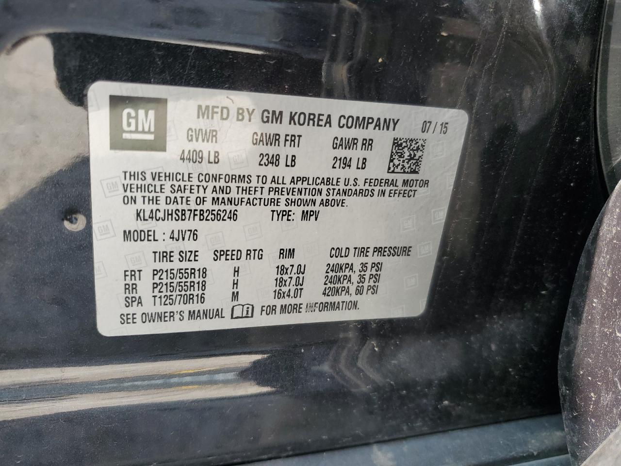 2015 Buick Encore Premium VIN: KL4CJHSB7FB256246 Lot: 65424875