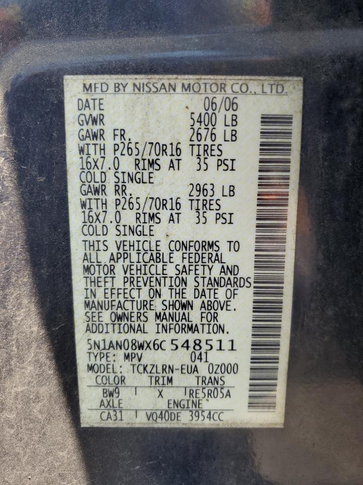 2006 Nissan Xterra Off Road VIN: 5N1AN08WX6C548511 Lot: 62697385