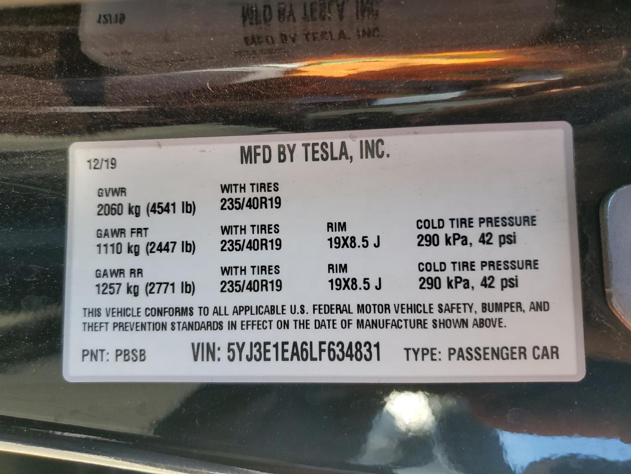 2020 Tesla Model 3 VIN: 5YJ3E1EA6LF634831 Lot: 64609335