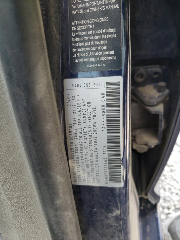 2003 Volkswagen Jetta Gl Tdi VIN: WVWRP61J13W517273 Lot: 64506525