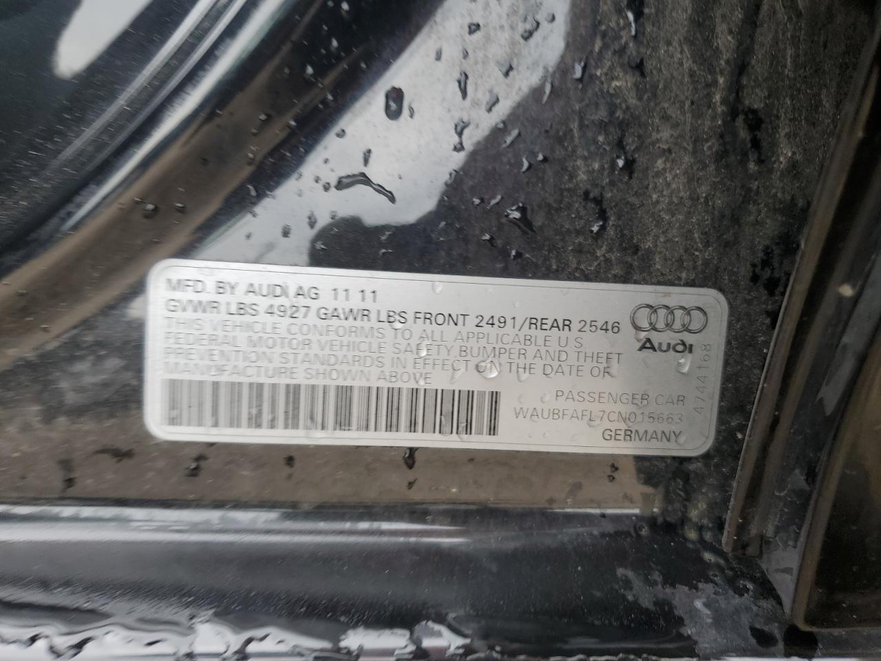 2012 Audi A4 Premium VIN: WAUBFAFL7CN015663 Lot: 63691085
