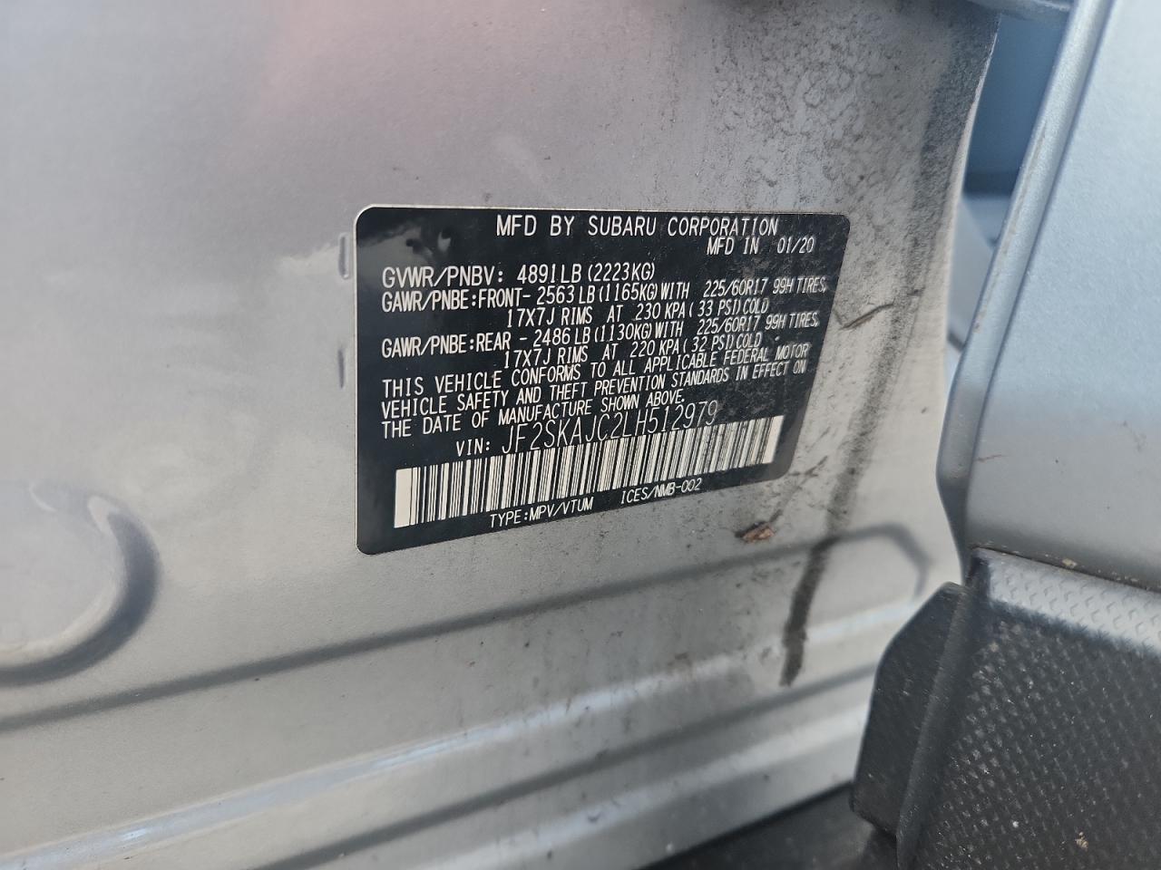 2020 Subaru Forester Premium VIN: JF2SKAJC2LH512979 Lot: 63813935