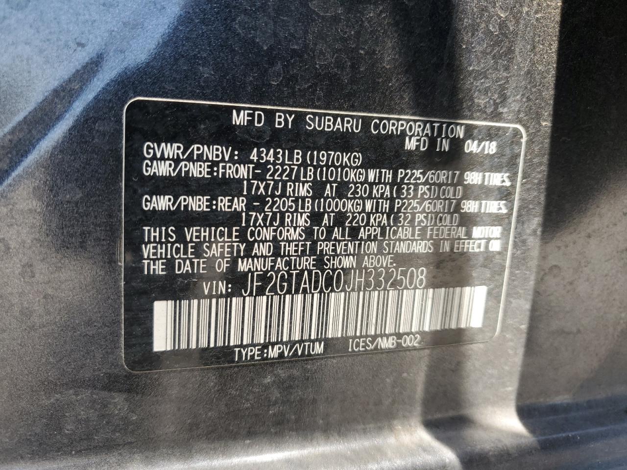 2018 Subaru Crosstrek Premium VIN: JF2GTADC0JH332508 Lot: 64678005
