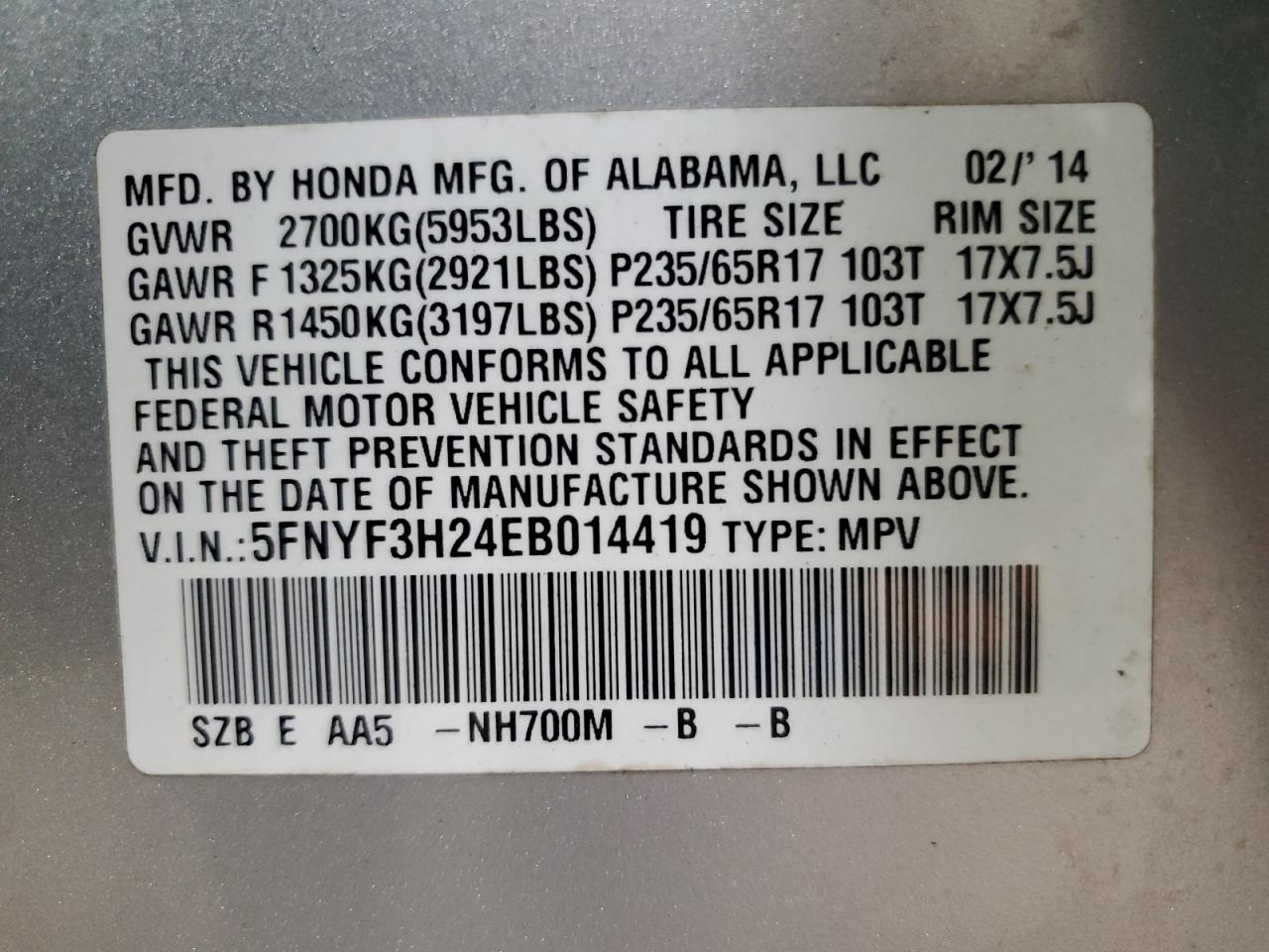2014 Honda Pilot Lx VIN: 5FNYF3H24EB014419 Lot: 64951135