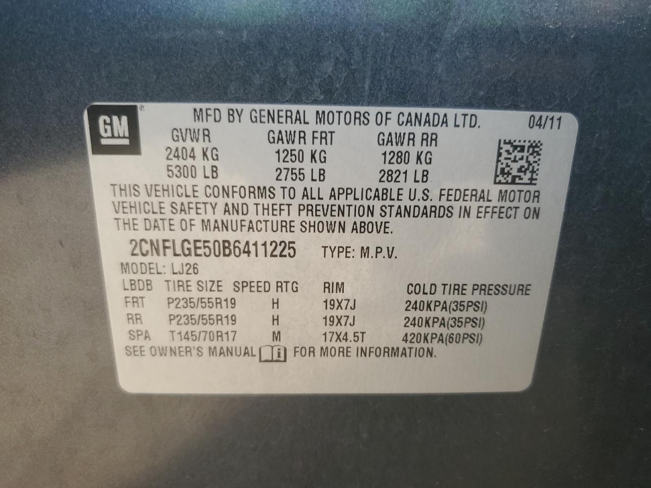 2011 Chevrolet Equinox Ltz VIN: 2CNFLGE50B6411225 Lot: 65062965