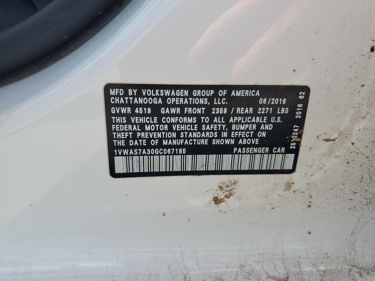 2016 Volkswagen Passat S VIN: 1VWAS7A30GC067185 Lot: 64924835