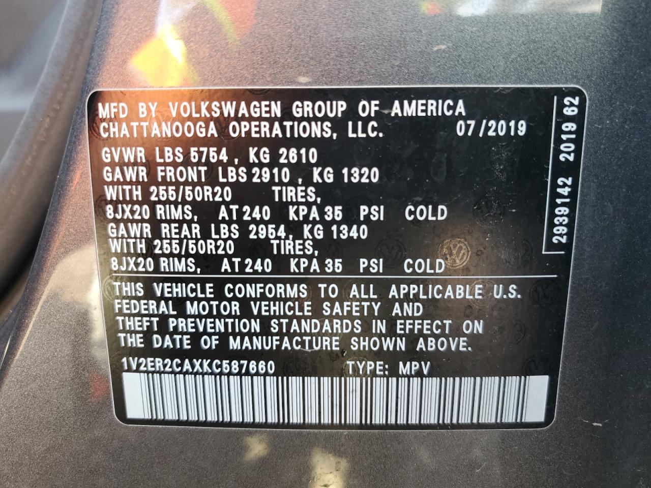 2019 Volkswagen Atlas Sel VIN: 1V2ER2CAXKC587660 Lot: 63250655