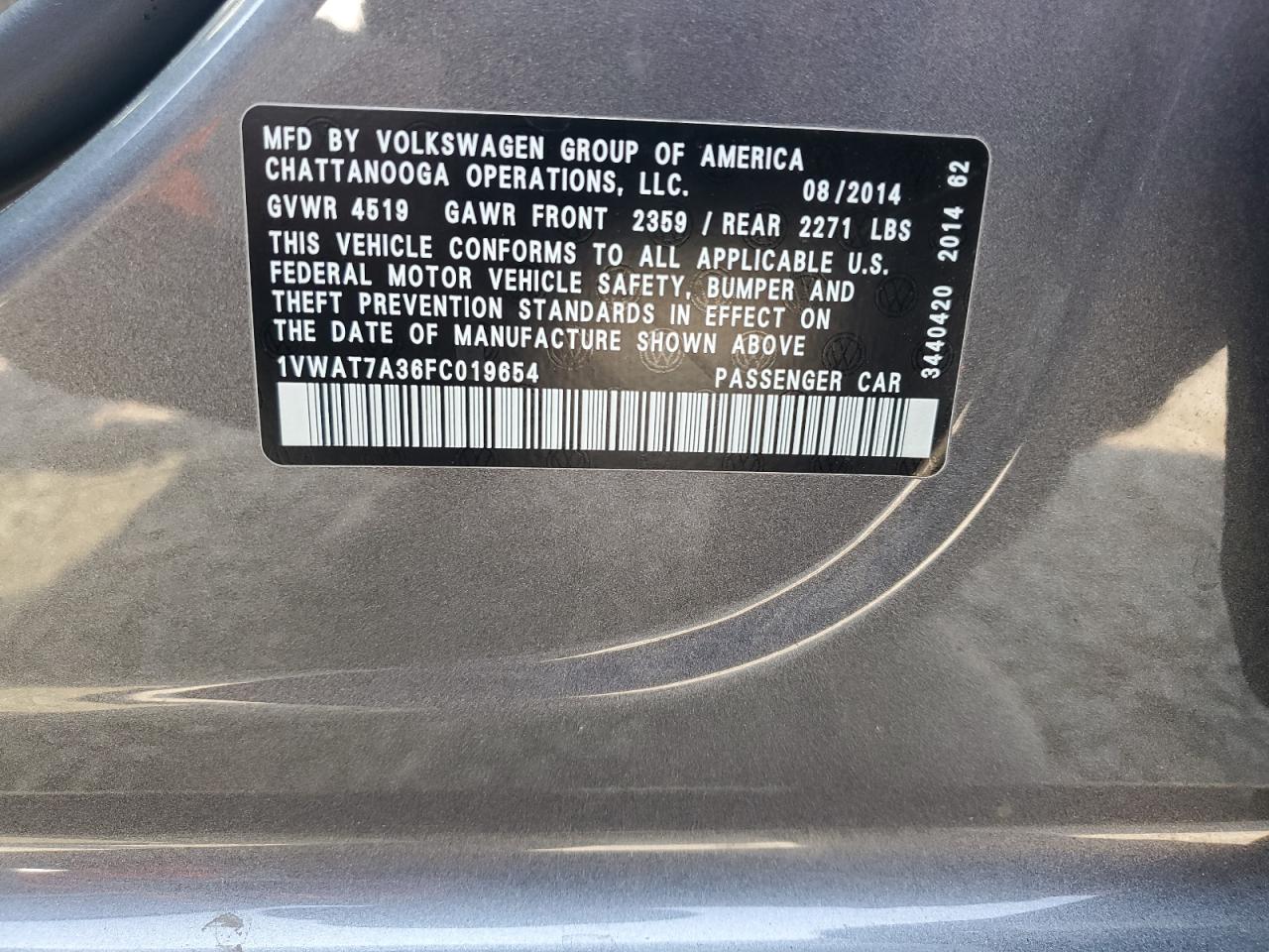 2015 Volkswagen Passat S VIN: 1VWAT7A36FC019654 Lot: 64860995