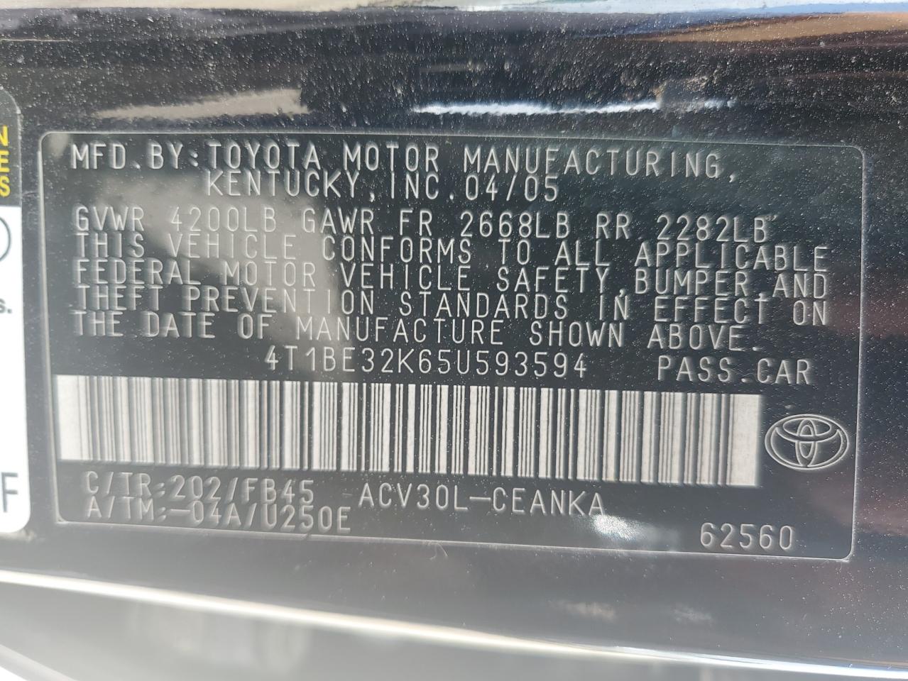 2005 Toyota Camry Le VIN: 4T1BE32K65U593594 Lot: 64609365