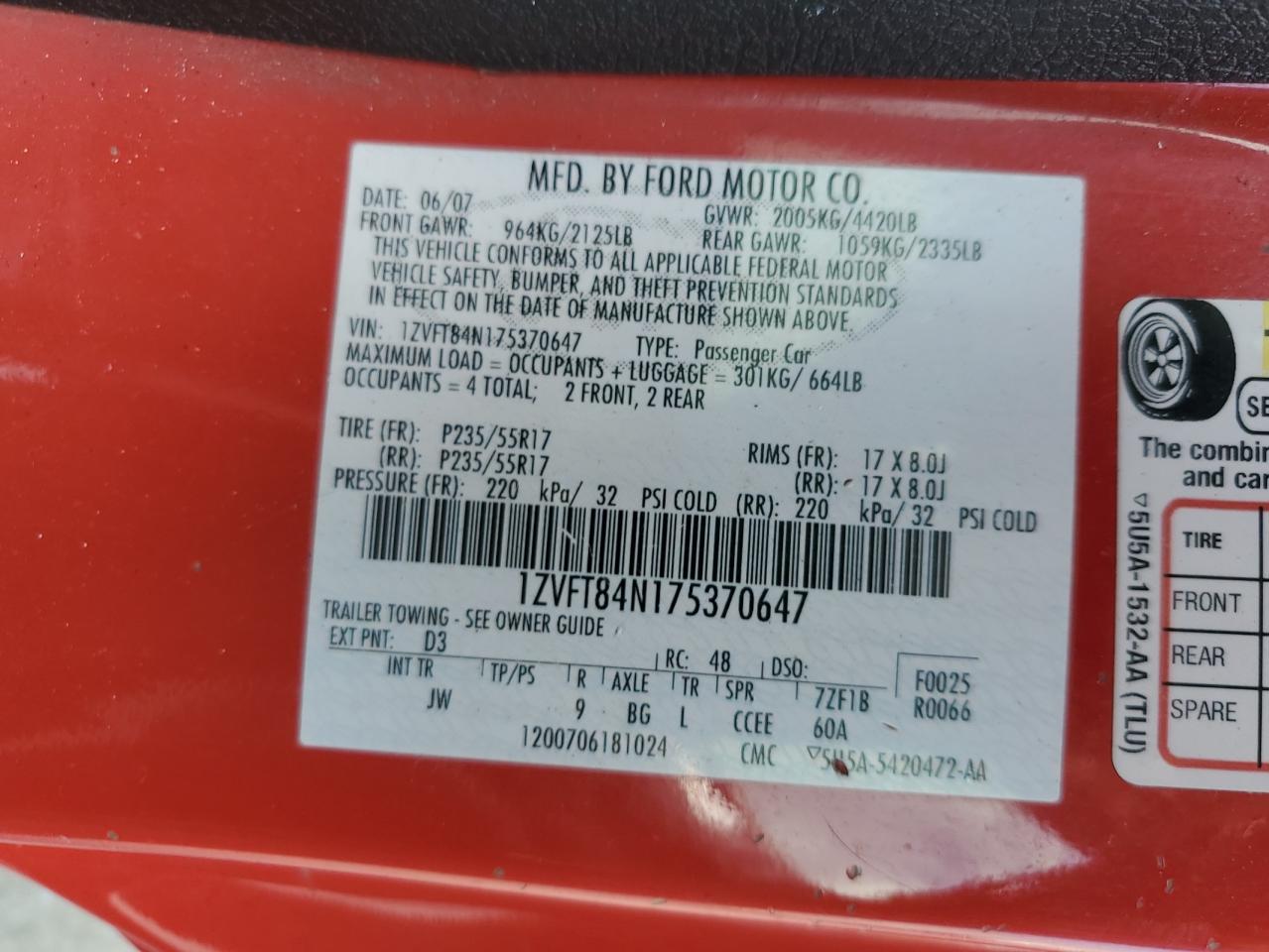 2007 Ford Mustang VIN: 1ZVFT84N175370647 Lot: 65949055