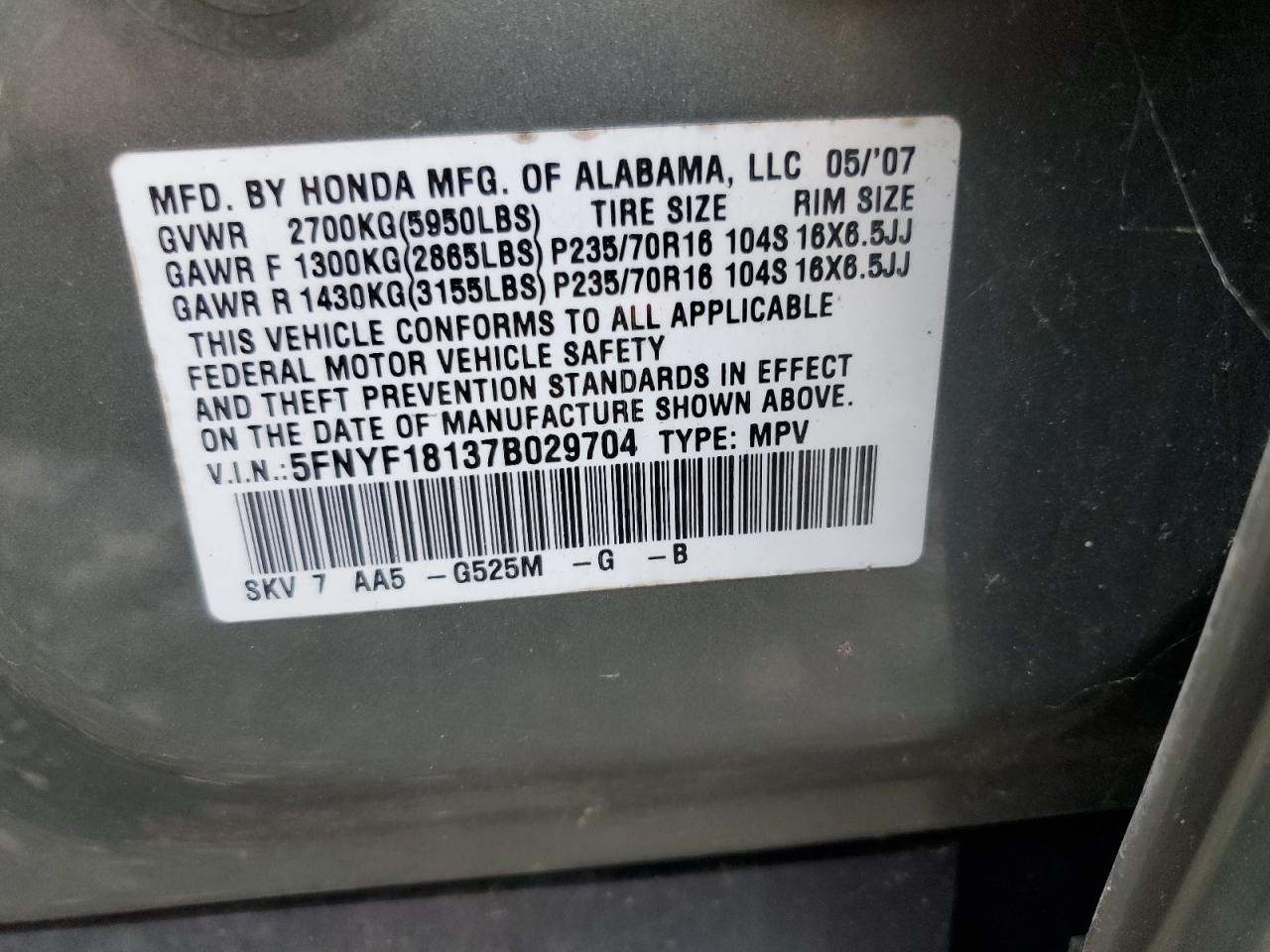 2007 Honda Pilot Lx VIN: 5FNYF18137B029704 Lot: 64726575