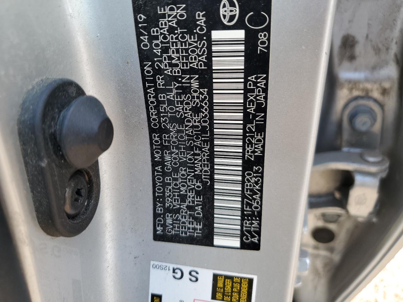 2020 Toyota Corolla Le VIN: JTDEPRAE1LJ036634 Lot: 62954775