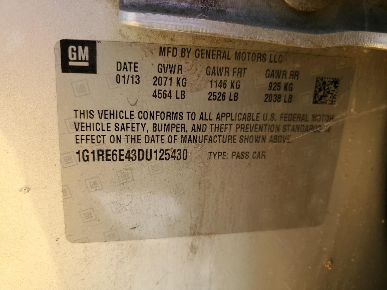 2013 Chevrolet Volt VIN: 1G1RE6E43DU125430 Lot: 64269415