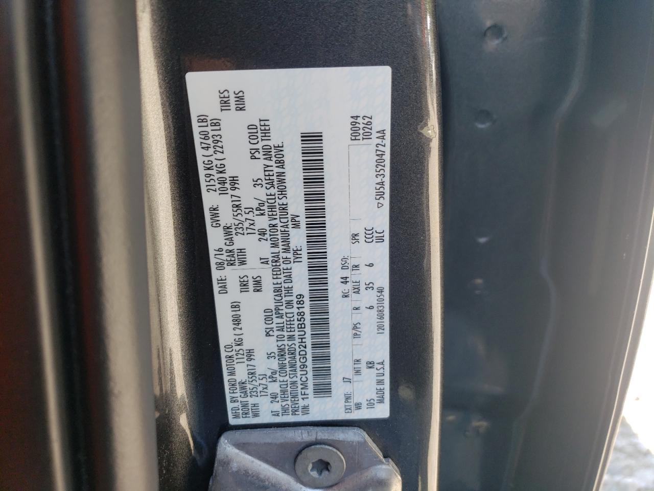2017 Ford Escape Se VIN: 1FMCU9GD2HUB58189 Lot: 64822755