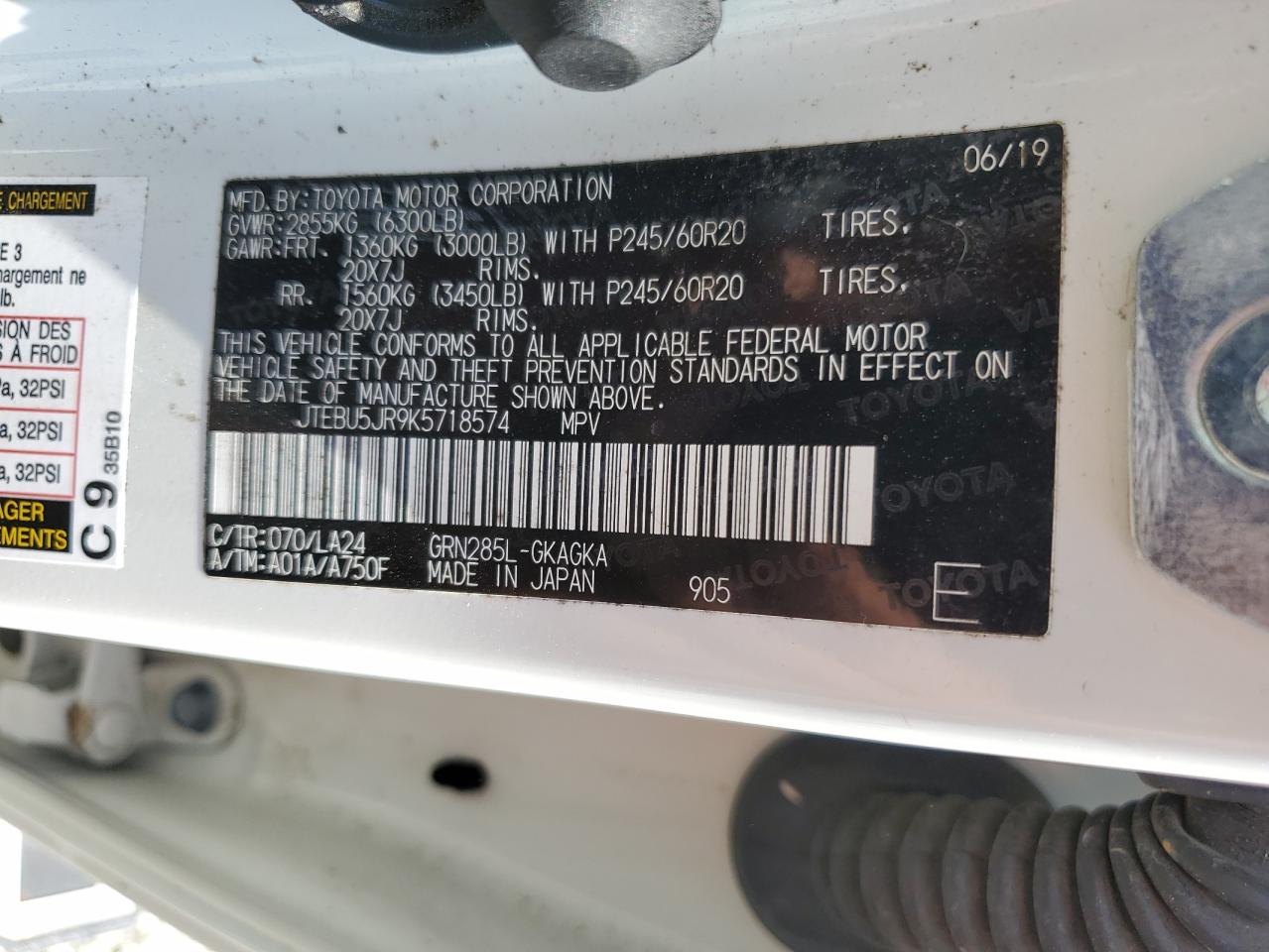 2019 Toyota 4Runner Sr5/Sr5 Premium VIN: JTEBU5JR9K5718574 Lot: 63699985