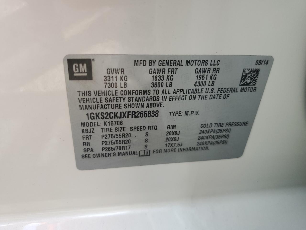 2015 GMC Yukon Denali VIN: 1GKS2CKJXFR266838 Lot: 62337425